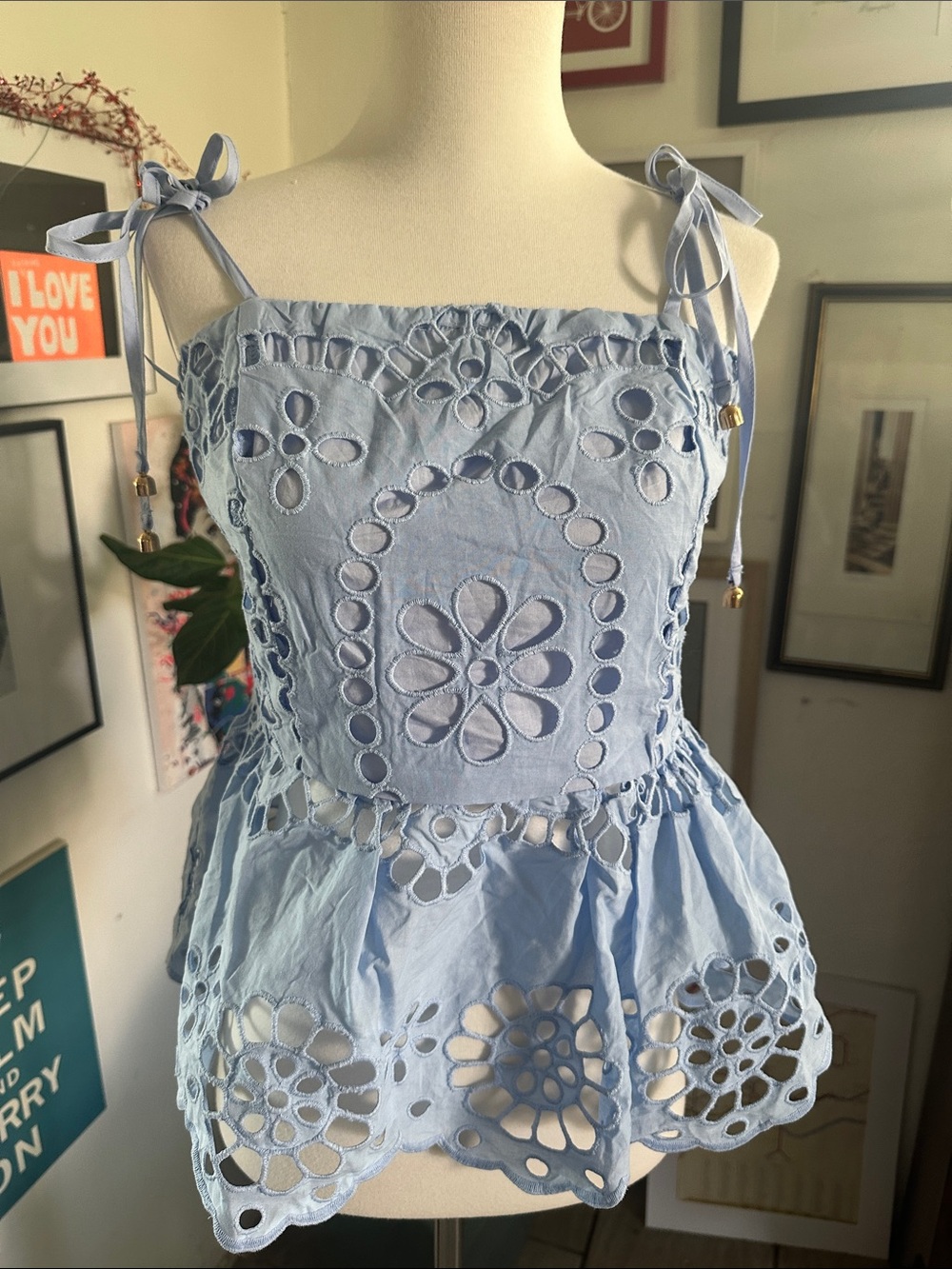 Vici Light Blue Eyelet Tie-Strap Peplum Top Medium NWT
